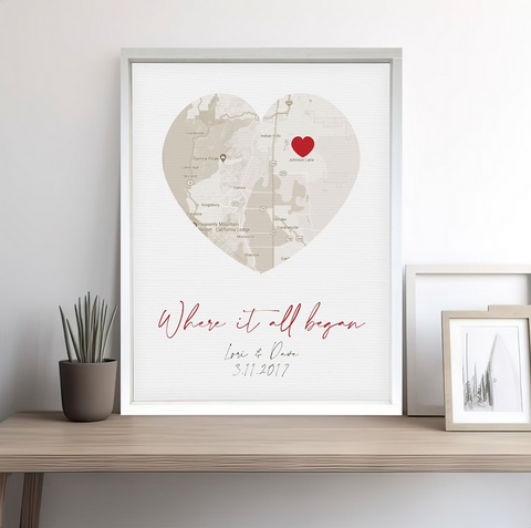 Engagement Map Custom Location — Personalized Wood Framed Canvas