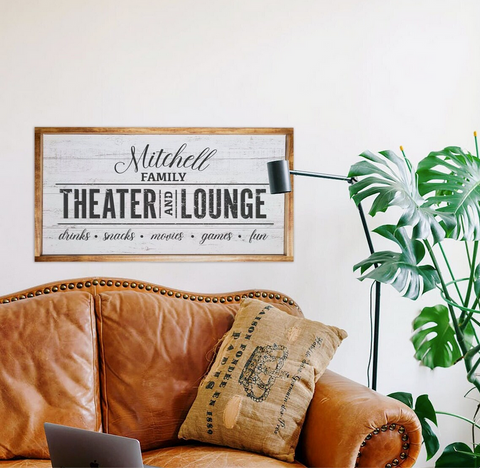 Personalized Theater and Lounge Sign — Framed White Wood Textured Background Print on Canvas