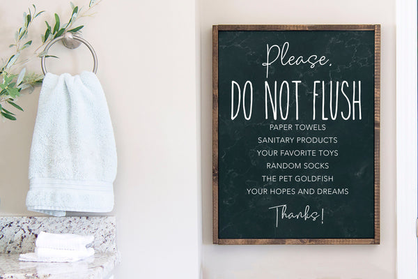 Please Do Not Flush..., Faux Marble Textured, Framed Canvas Print, Funny Bathroom Rules, Bathroom Humor Decor, Multiple Background Colors